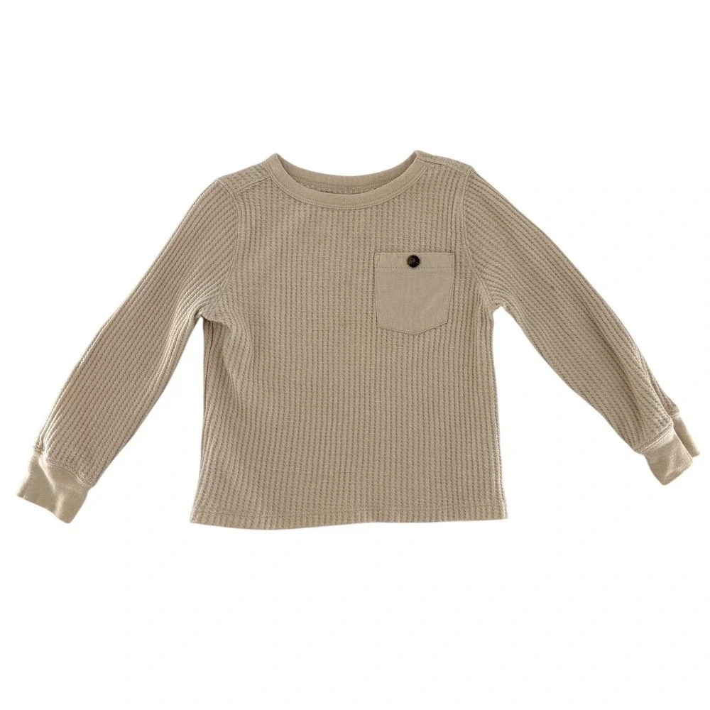 Old Navy Kids Beige Waffle Knit Thermal Long Sleeve Shirt Elbow Patches 2T‎